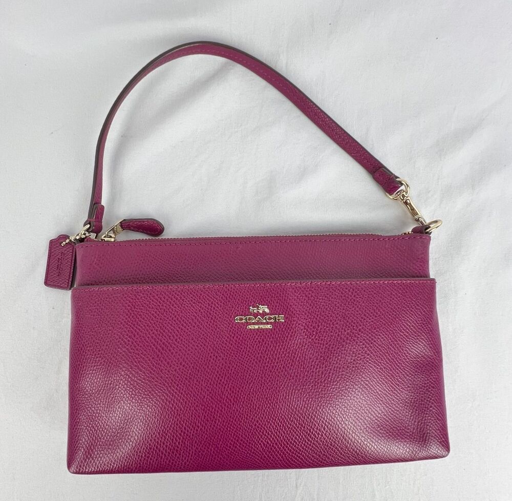 COACH F66182 Wristlet Clutch Berry Pink Polished Pebble Leather Gold Zip